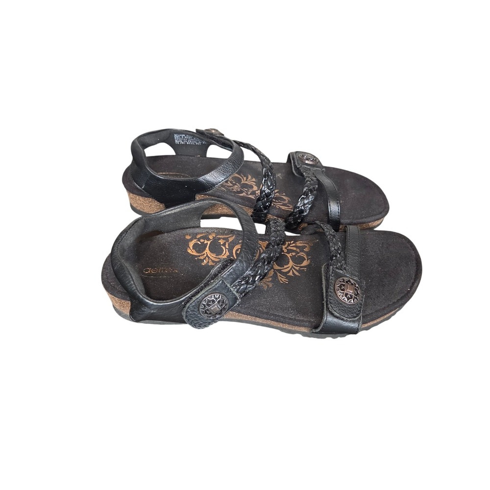 Aetrex Jillian Sandals Womens 7 Black Leather Braided Orthotic Comfort